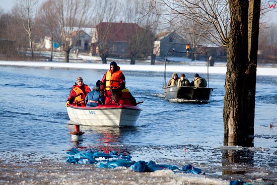 Pl, kujawsko-pomorskie. 22-01-2011 r., powodz w Ostrowku nad jeziorem Goplo. Transport ludnosci cywilnej.