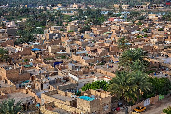 Irak, Babilon. Osiedle mieszkaniowe widoczne z lotu ptaka. Lotnicze.
