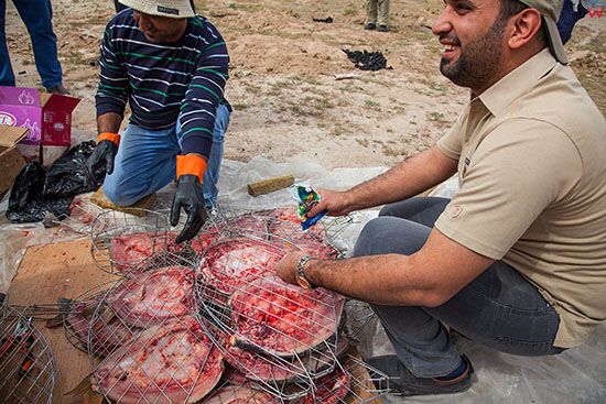 Irak,  Al-Hindiyah. Przygotowywanie ryby z grilla.