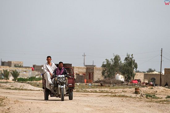 Irak, bliska okolica Karbali. Mezczyzni na motocyklu transportowym